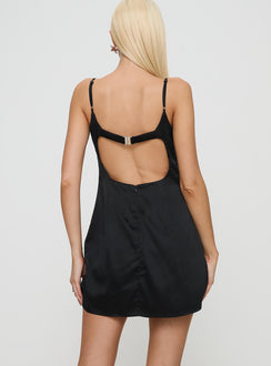 back view of model wearing Princess Polly Fabulous Mini Dress Black / White Sweetheart Neckline 