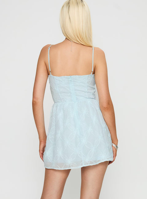 back view of model wearing Princess Polly Mckilah Mini Dress Blue Sweetheart Neckline 