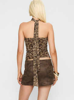 back view of model wearing Princess Polly Running Away Faux Suede Mini Skirt Brown 