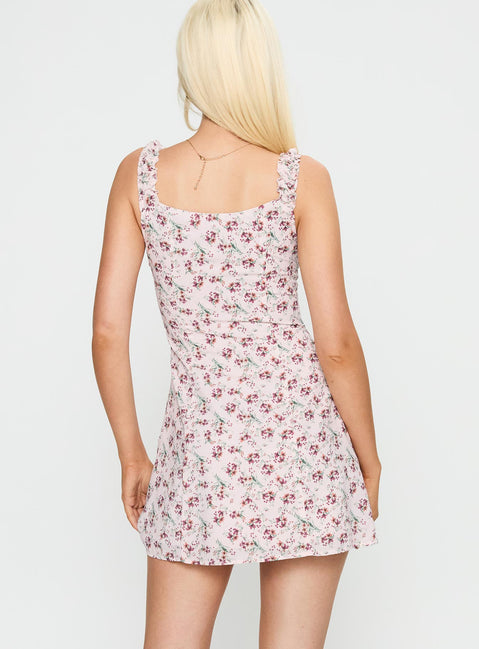 back view of model wearing Princess Polly Sweetpea Mini Dress Multi Floral Sweetheart Neckline 