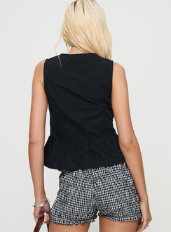 back view of model wearing Princess Polly Ryoti Top Black Sleeveless Crew Neck 