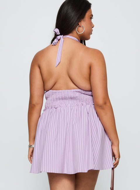 back view of model wearing Princess Polly Attracted Halter Mini Dress Purple Stripe Curve Plunger 