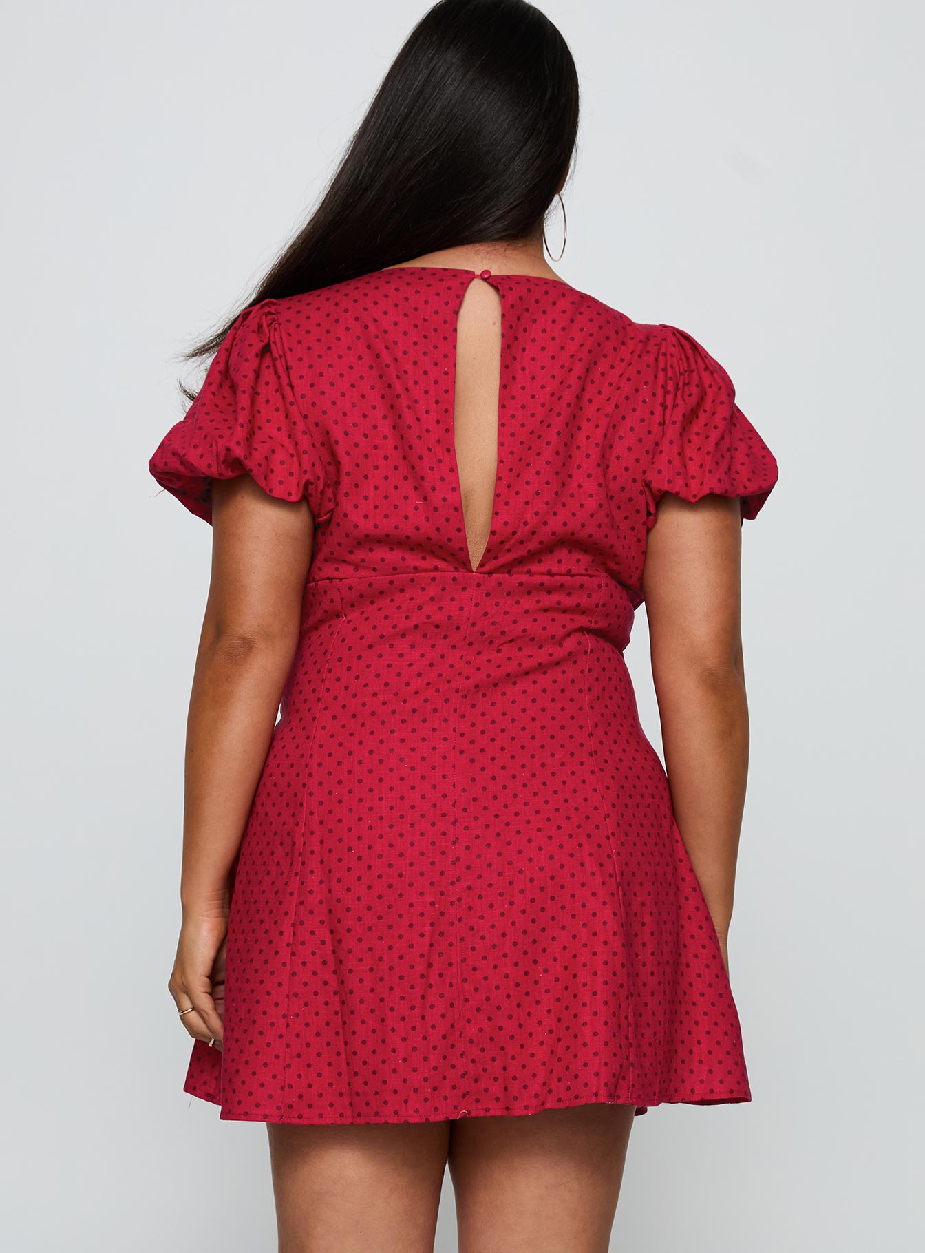 back view of model wearing Princess Polly Beloved Puff Sleeve Linen Blend Mini Dress Red Polka Curve Plunger 