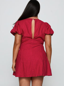 back view of model wearing Princess Polly Beloved Puff Sleeve Linen Blend Mini Dress Red Polka Curve Plunger 