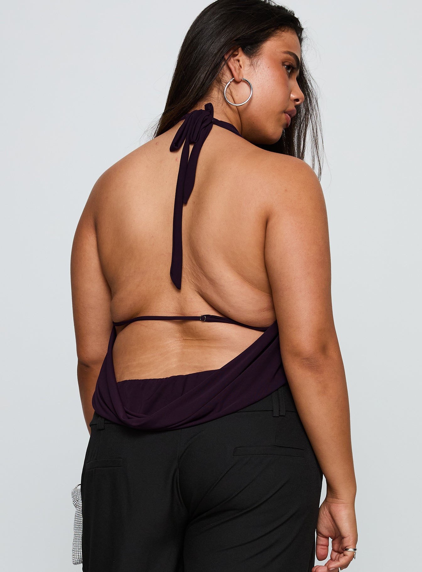 back view of model wearing Princess Polly Carefree Days Cowl Neck Top Purple Curve Sleeveless Cowl 