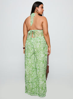 back view of model wearing Princess Polly Finesse Pants Green Floral Curve High Waisted Pants 