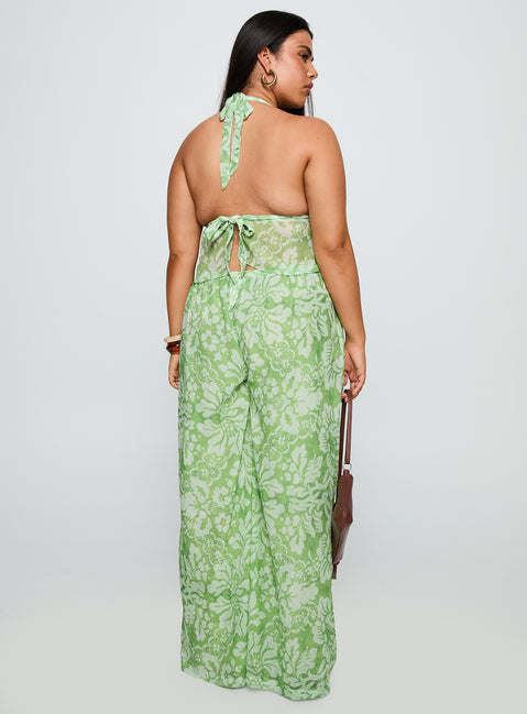 back view of model wearing Princess Polly Finesse Pants Green Floral Curve High Waisted Pants 