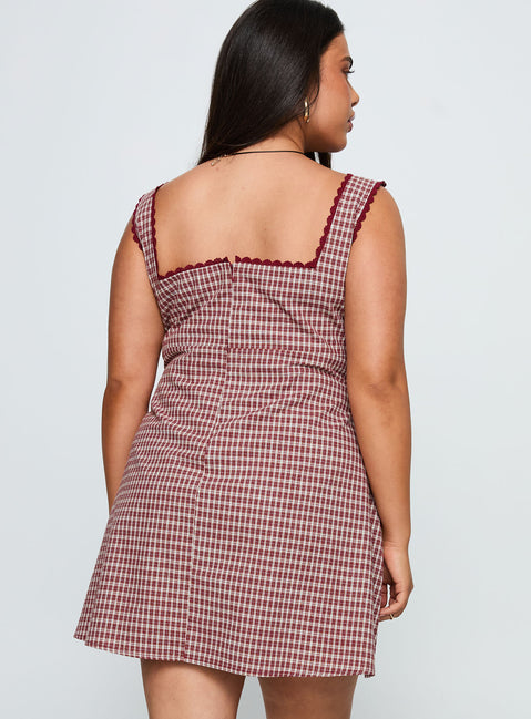 back view of model wearing Princess Polly Dasha Mini Dress Red Check Curve Square Neck 