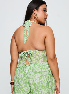 back view of model wearing Princess Polly Finesse Halter Top Green Floral Curve Sleeveless Square Neck 