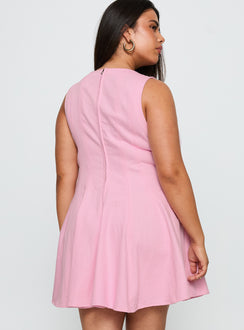 back view of model wearing Princess Polly Precedence Keyhole Mini Dress Pink Curve Crew Neck 