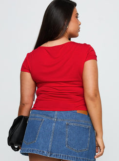 back view of model wearing Princess Polly Daena Tie Detail Top Red Curve Short Sleeves Square Neck 
