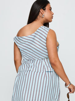 back view of model wearing Princess Polly Del Rio Off The Shoulder Top Blue / Maroon Curve Sleeveless Asymmetric Neckline 