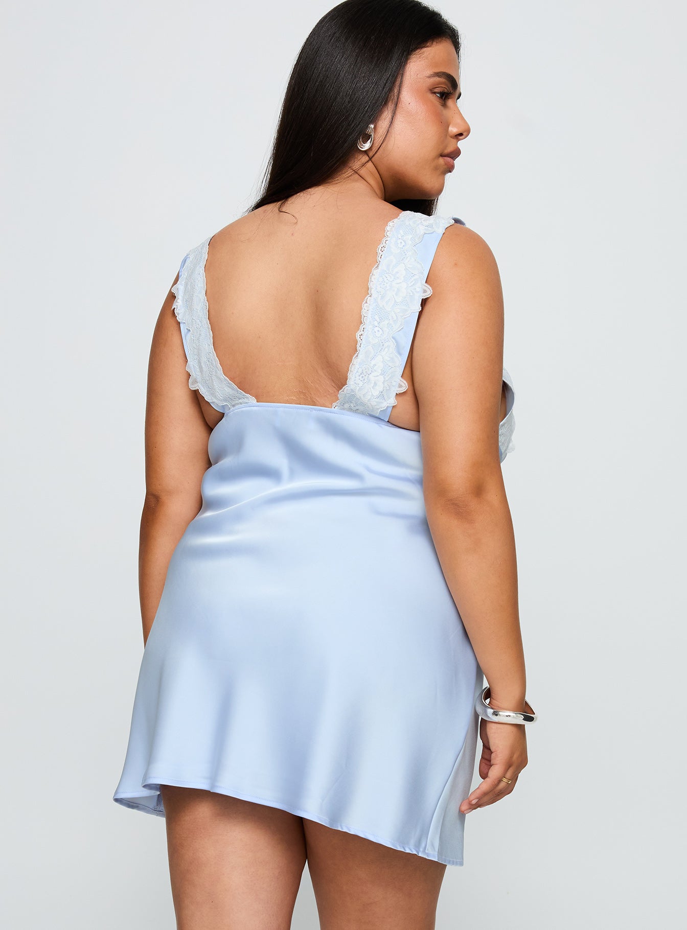back view of model wearing Princess Polly Nourish Mini Dress Blue Curve Plunger 
