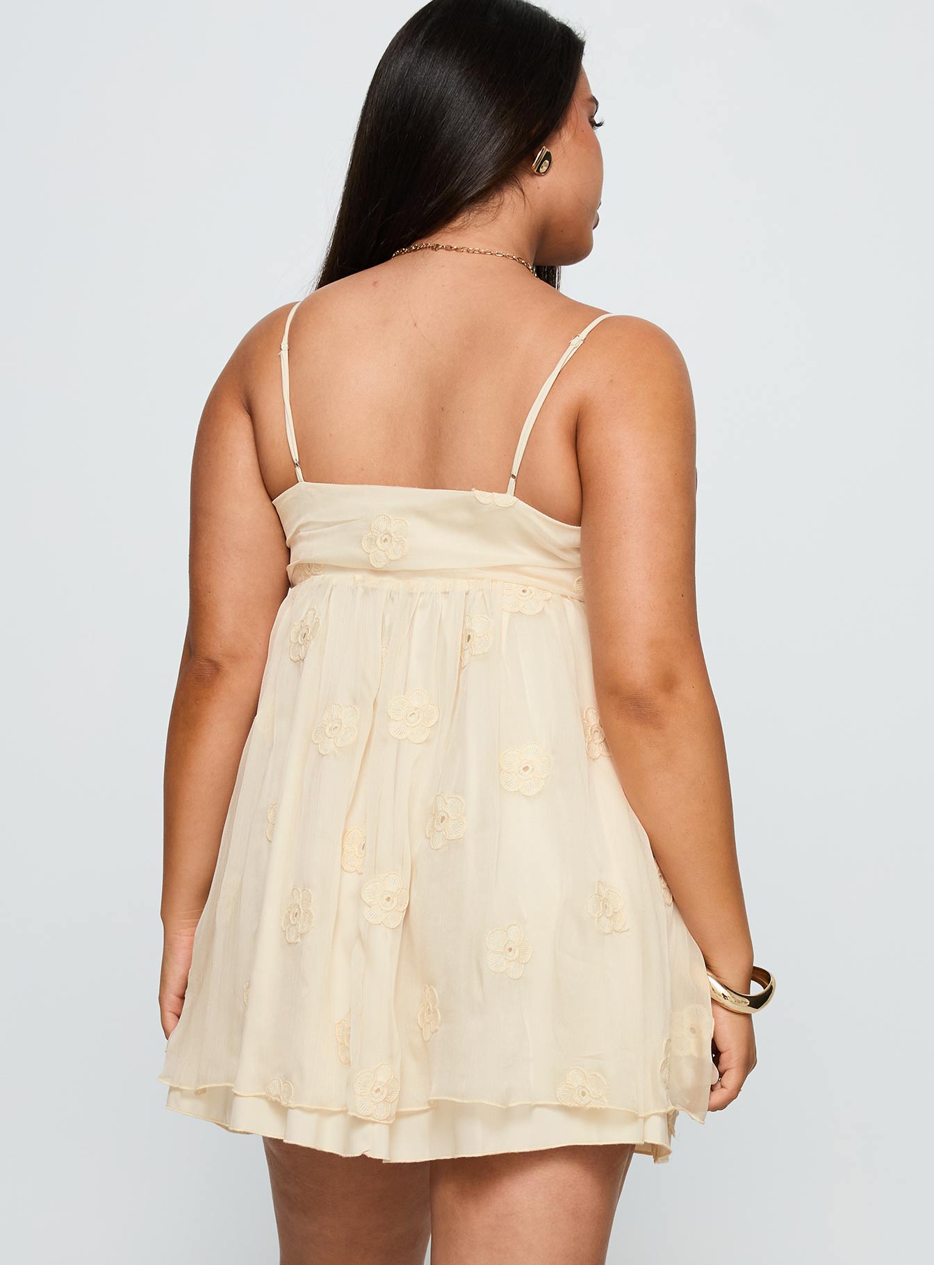 back view of model wearing Princess Polly Sparks Fly Mini Dress Cream Curve Sweetheart Neckline 