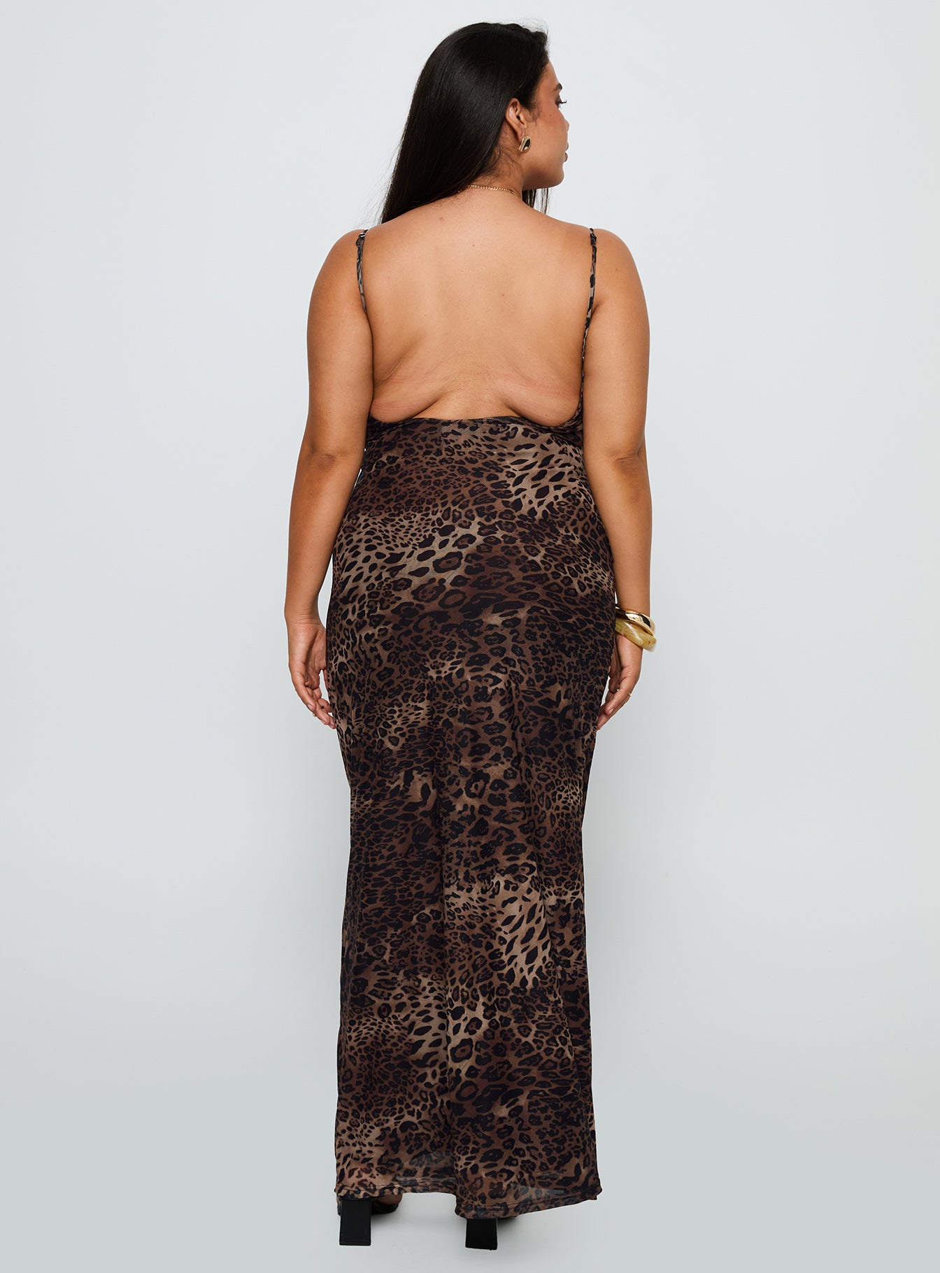 back view of model wearing Princess Polly Knox Maxi Dress Leopard Curve Scoop Neck 