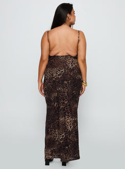 back view of model wearing Princess Polly Knox Maxi Dress Leopard Curve Scoop Neck 