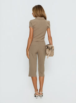 back view of model wearing Princess Polly Tunian Capri Tailored Pants Taupe Mid Rise Pants 