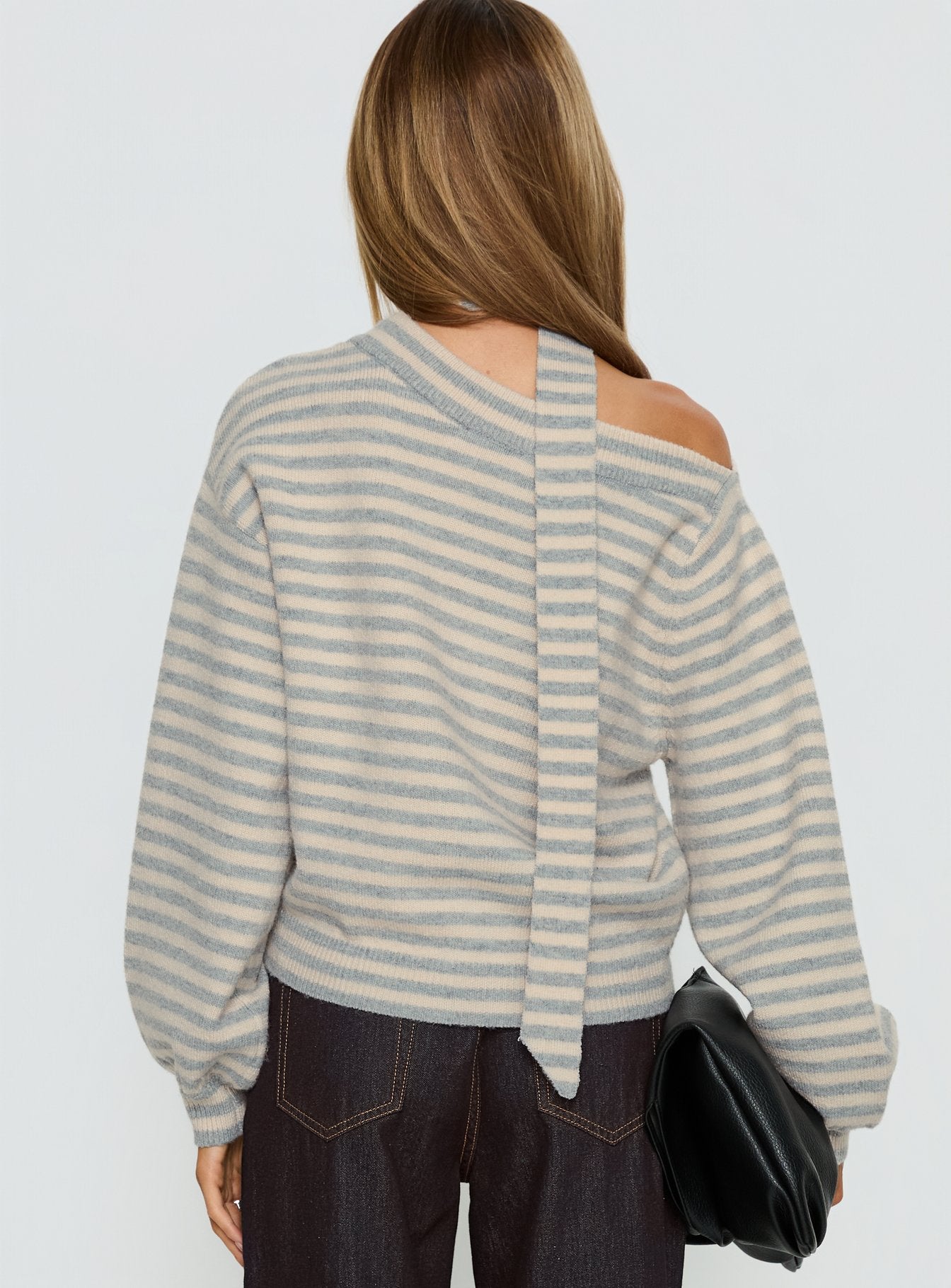back view of model wearing Princess Polly Ruthi Scarf Off Shoulder Knit Sweater Neutral Stripe 