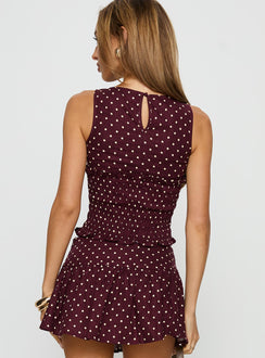 Roxee Ruched Linen Blend Top Plum Polka