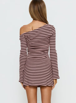 Adrietta Long Sleeve Off Shoulder Mini Dress Chocolate / Pink Stripe