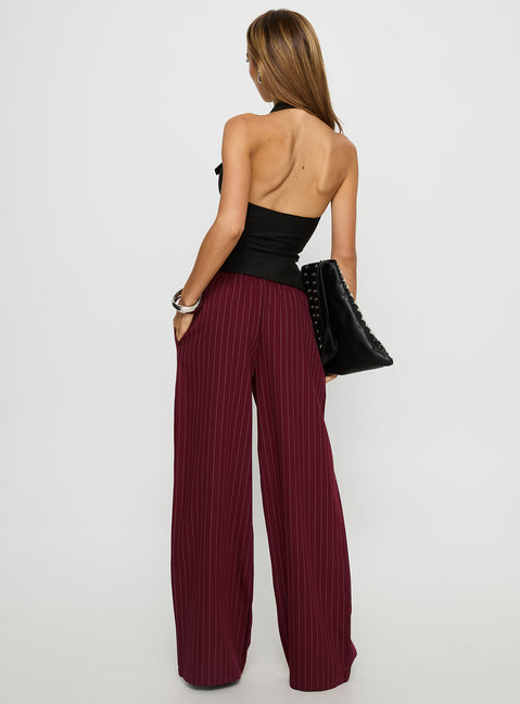 back view of model wearing Princess Polly Jaysa Baggy Wide Leg Pant Burgundy Pinstripe Mid Rise Pants 