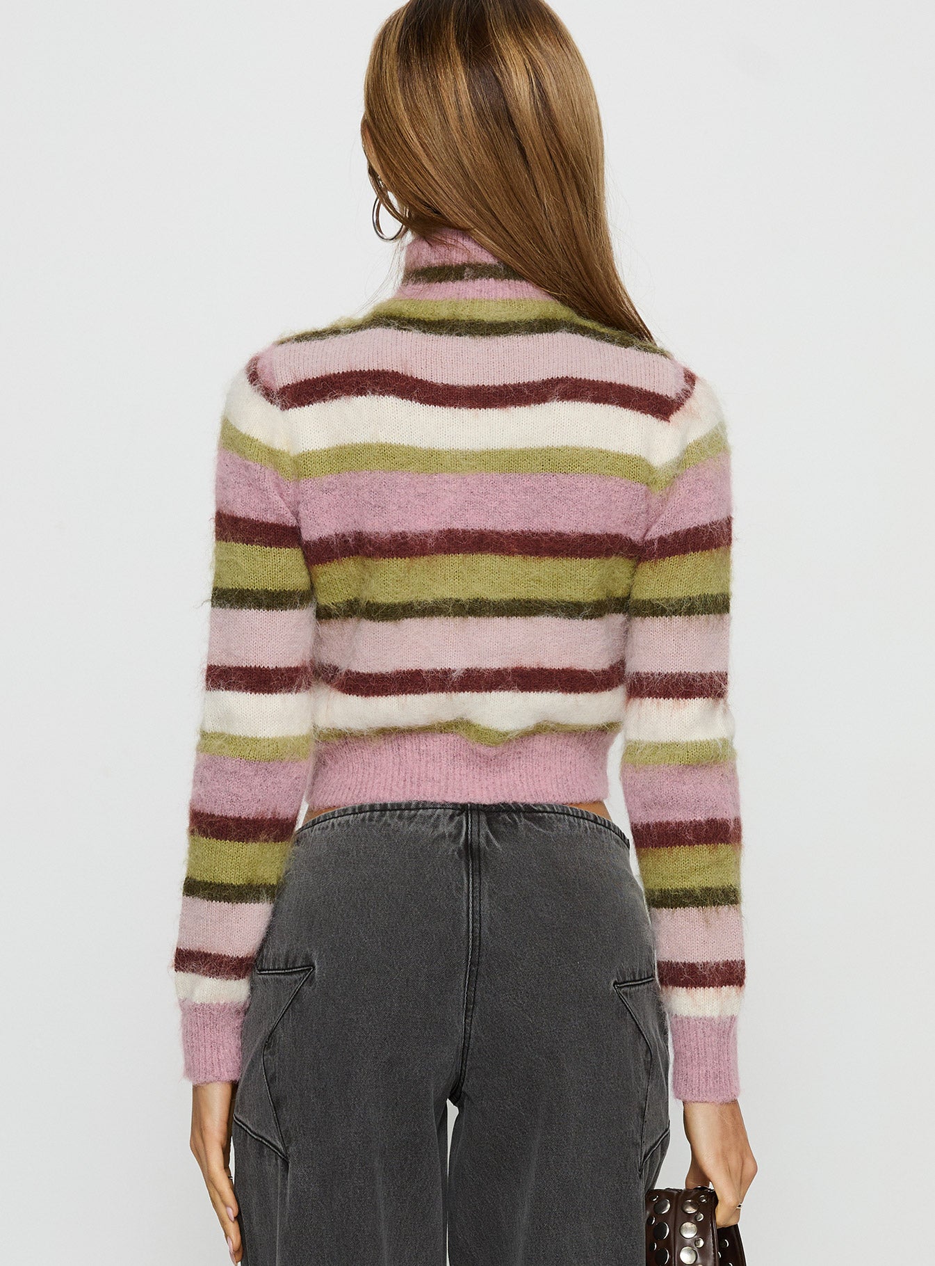 back view of model wearing Princess Polly Keeva Zip Through Knit Jumper Pink / Green Stripe cropped 