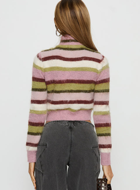 back view of model wearing Princess Polly Keeva Zip Through Knit Jumper Pink / Green Stripe cropped 