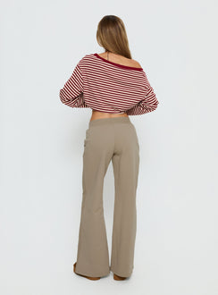 back view of model wearing Princess Polly Summits Flared Track Pants Latte Mid Rise Pants 