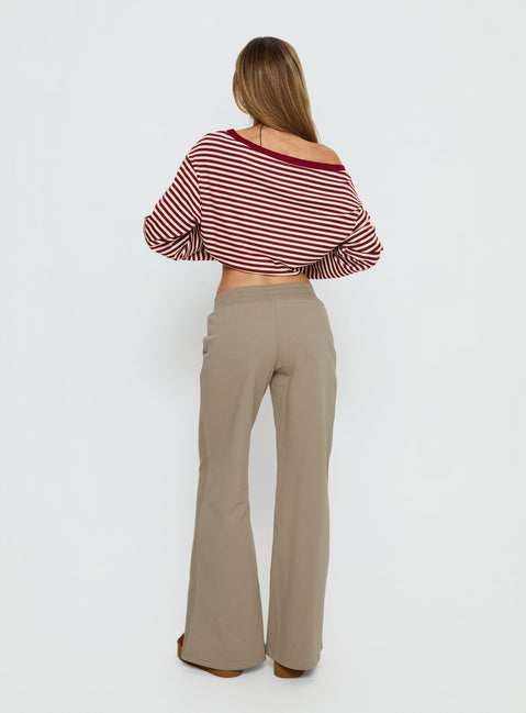 back view of model wearing Princess Polly Summits Flared Track Pants Latte Mid Rise Pants 