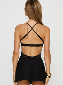 back view of model wearing Princess Polly Nyome Lace Backless Bodysuit Black Sleeveless 