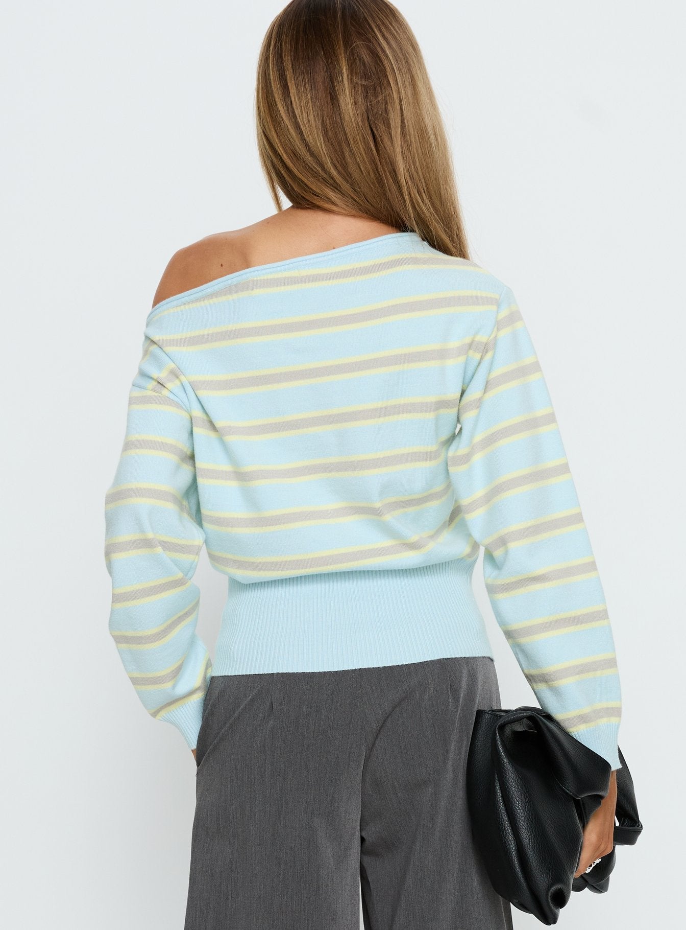 back view of model wearing Princess Polly Zinia Off Shoulder Knit Sweater Grey / Blue Stripe Cropped Jumpers 