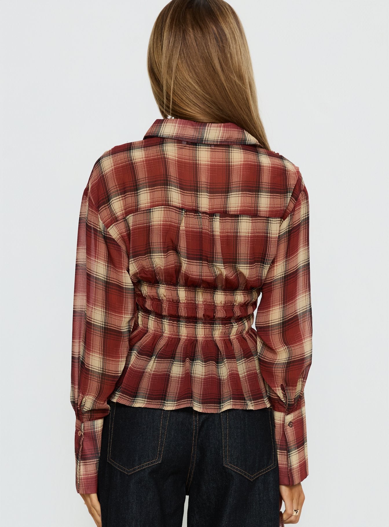 As You Are Shirred Button Up Top Red Check