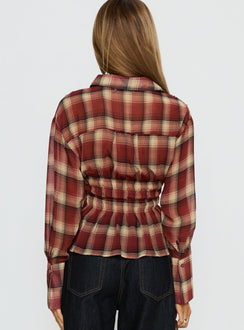 As You Are Shirred Button Up Top Red Check