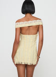 back view of model wearing Princess Polly Bonnin Off The Shoulder Lace Mini Dress Yellow 