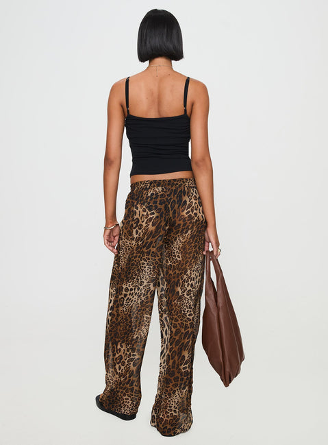 back view of model wearing Princess Polly Fyre Wide Leg Pant Leopard Petite Low Rise Pants 