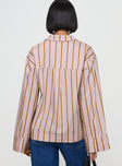 back view of model wearing Princess Polly Spiri Shirt Pink Stripe Full Sleeves V-Neck 