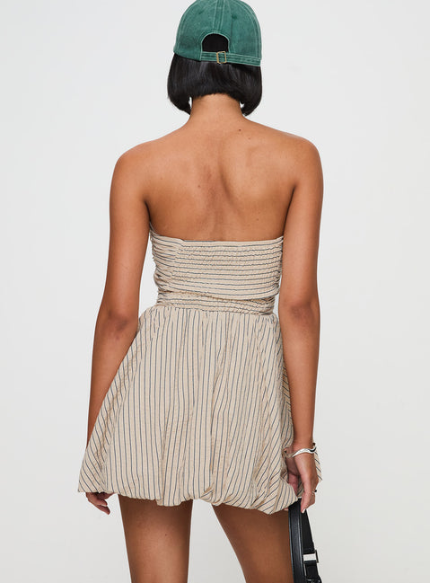 back view of model wearing Princess Polly Quinette Strapless Bubble Hem Mini Dress Beige Stripe Straight Neck 