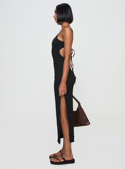 side view of model wearing Princess Polly Elestria Maxi Dress Black Scoop Neck 