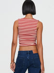 back view of model wearing Princess Polly Back In Time Top Red Stripe Sleeveless Square Neck 