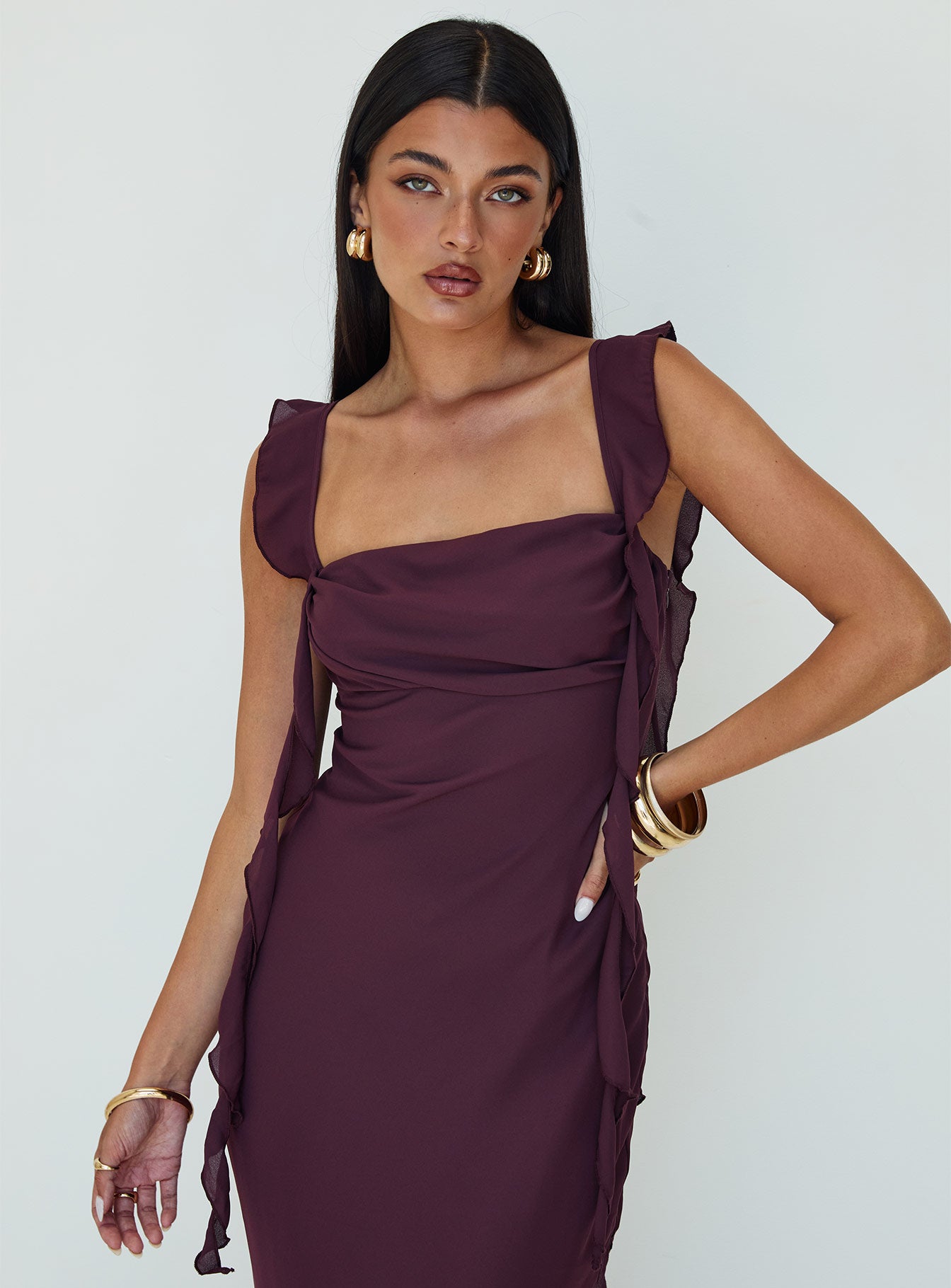 front view of model wearing Princess Polly Lanai Maxi Dress Plum Petite Square Neck 