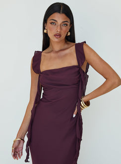 front view of model wearing Princess Polly Lanai Maxi Dress Plum Petite Square Neck 