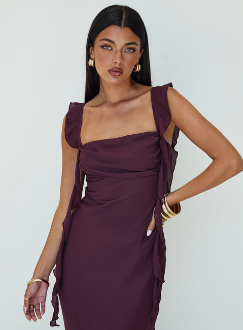 front view of model wearing Princess Polly Lanai Maxi Dress Plum Petite Square Neck 