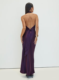 back view of model wearing Princess Polly Rosaminta Halter Maxi Dress Plum Petite High Neck 