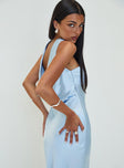 side view of model wearing Princess Polly Legacies Strapless Maxi Dress Icy Blue Straight Neck 