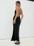 back view of model wearing Princess Polly Cutting Edge Maxi Dress Black Glitter Cowl Neck 