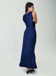 back view of model wearing Princess Polly Soprano Plunge Maxi Dress Navy Cowl Neck 