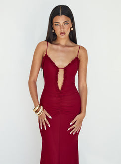front view of model wearing Princess Polly Capisce Maxi Dress Red Petite Sweetheart Neckline 