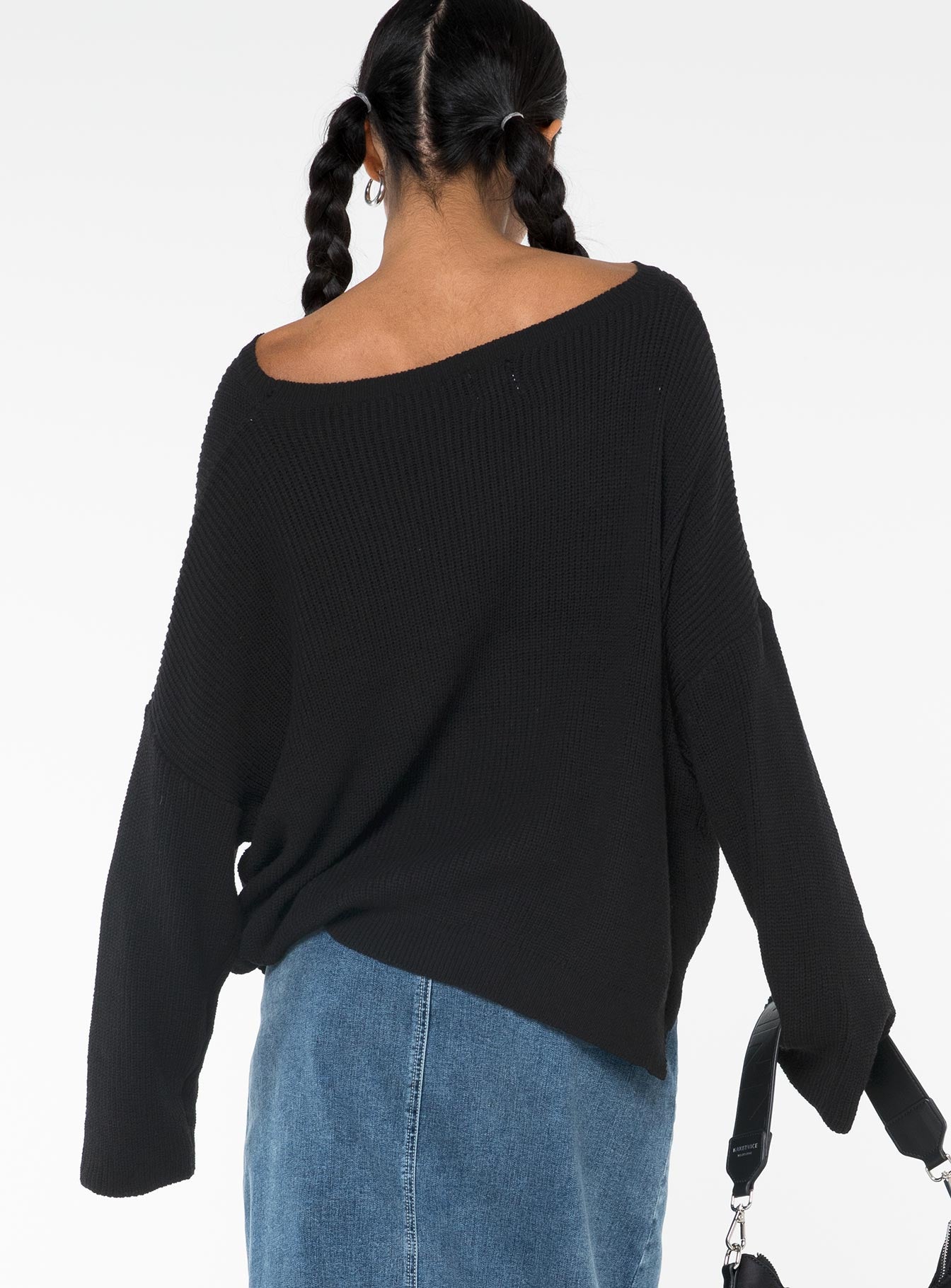 back view of model wearing Princess Polly Eames Sweater Black Long 