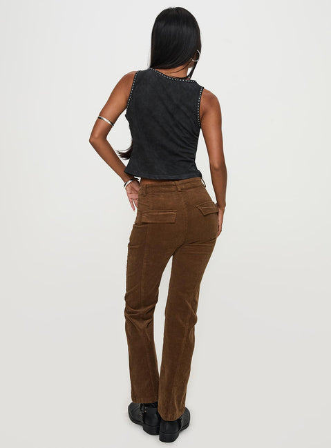 back view of model wearing Princess Polly Feature Pants Brown High Waisted Pants 