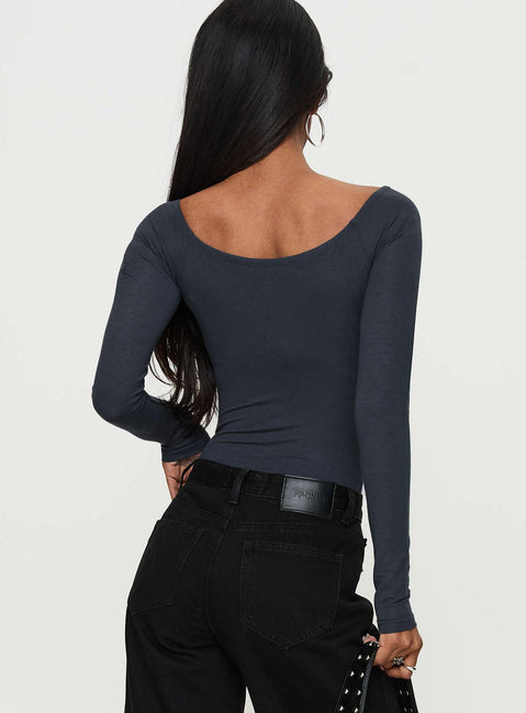 back view of model wearing Princess Polly Heart Mend Long Sleeve Off The Shoulder Bodysuit Blue Long Sleeve Tops 
